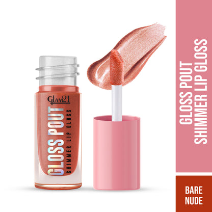 GLAM21 Pout Shimmer Lip Gloss in Bare Nude, featuring a glossy, shimmering finish on smooth lips.
