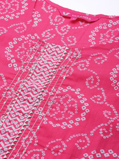 Indyancart VA Women's Pink Bandhani Printed Gotta Patti Pure Cotton Kurta with Trousers & With Dupatta