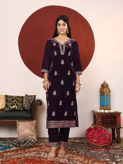 Indyancart VA Floral Embroidered Regular Velvet Straight Kurta with Palazzos & Dupatta