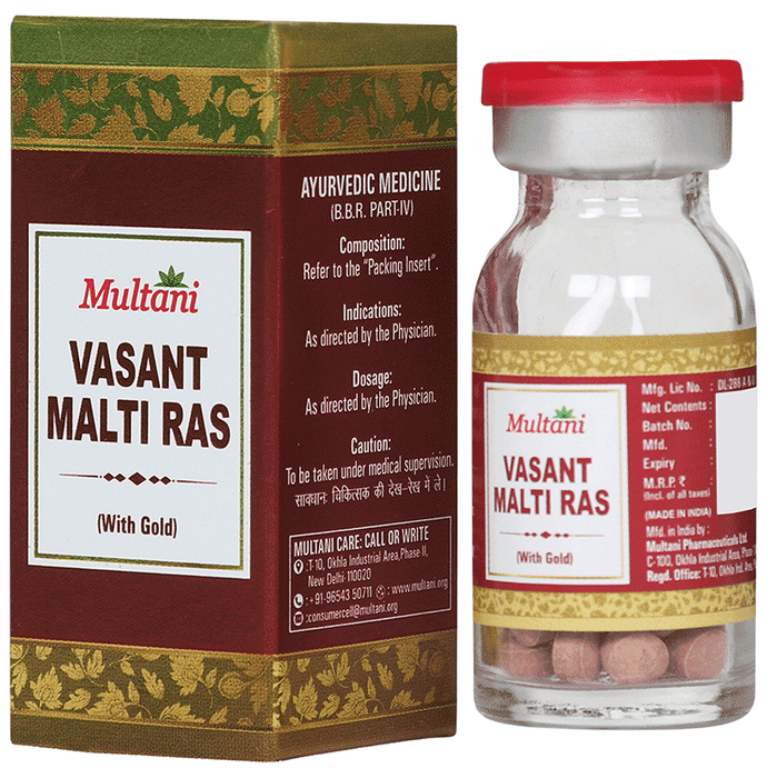 Multani Vasant Malati Ras Ayurvedic tablets with gold tablet, herbal supplement for wellness, displayed in a clear container.