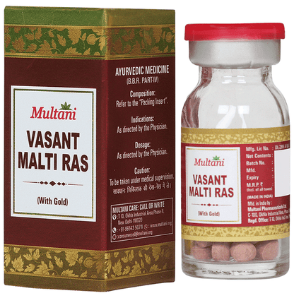 Multani Vasant Malati Ras Ayurvedic tablets with gold tablet, herbal supplement for wellness, displayed in a clear container.