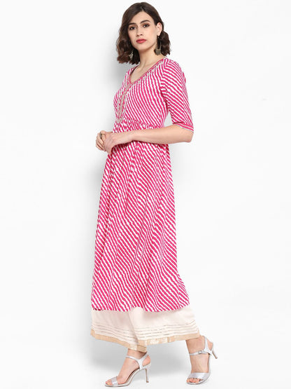 Indyancart VA Women's Pink & White Embroidered Kurta with Palazzos