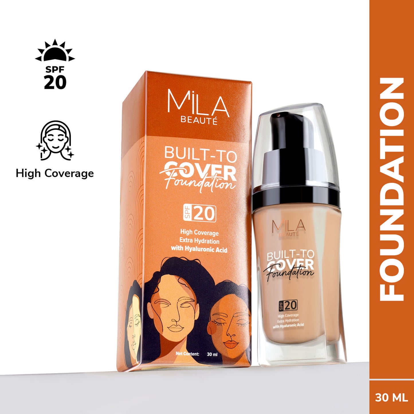 Mila Beauté Built To Cover Liquid Foundation With SPF 20 & Hyaluronic Acid - M02 Neutral Wheat