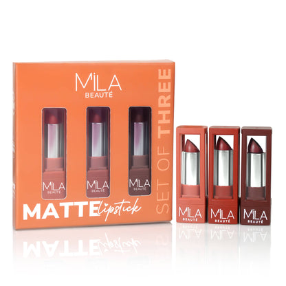 Mila Beauté Matte Set Of 3 Lipstick Long Lasting & Lightweight Rich Pigment - Nudes & Browns