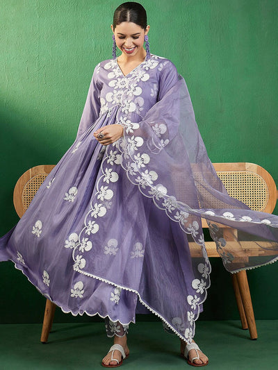Indyancart SN Women's Alia Cut Embroidered A-Line Kurta With Trouser & Dupatta