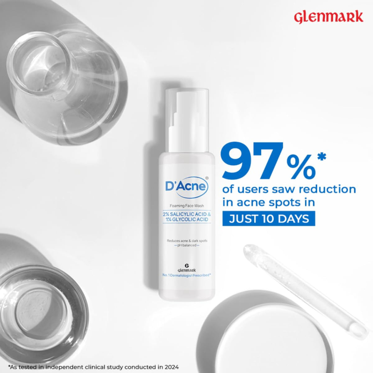 D'Acne Foaming Face Wash with 2% Salicylic Acid and 1% Glycolic Acid, visibly reduces acne in 10 days, in a pump bottle.