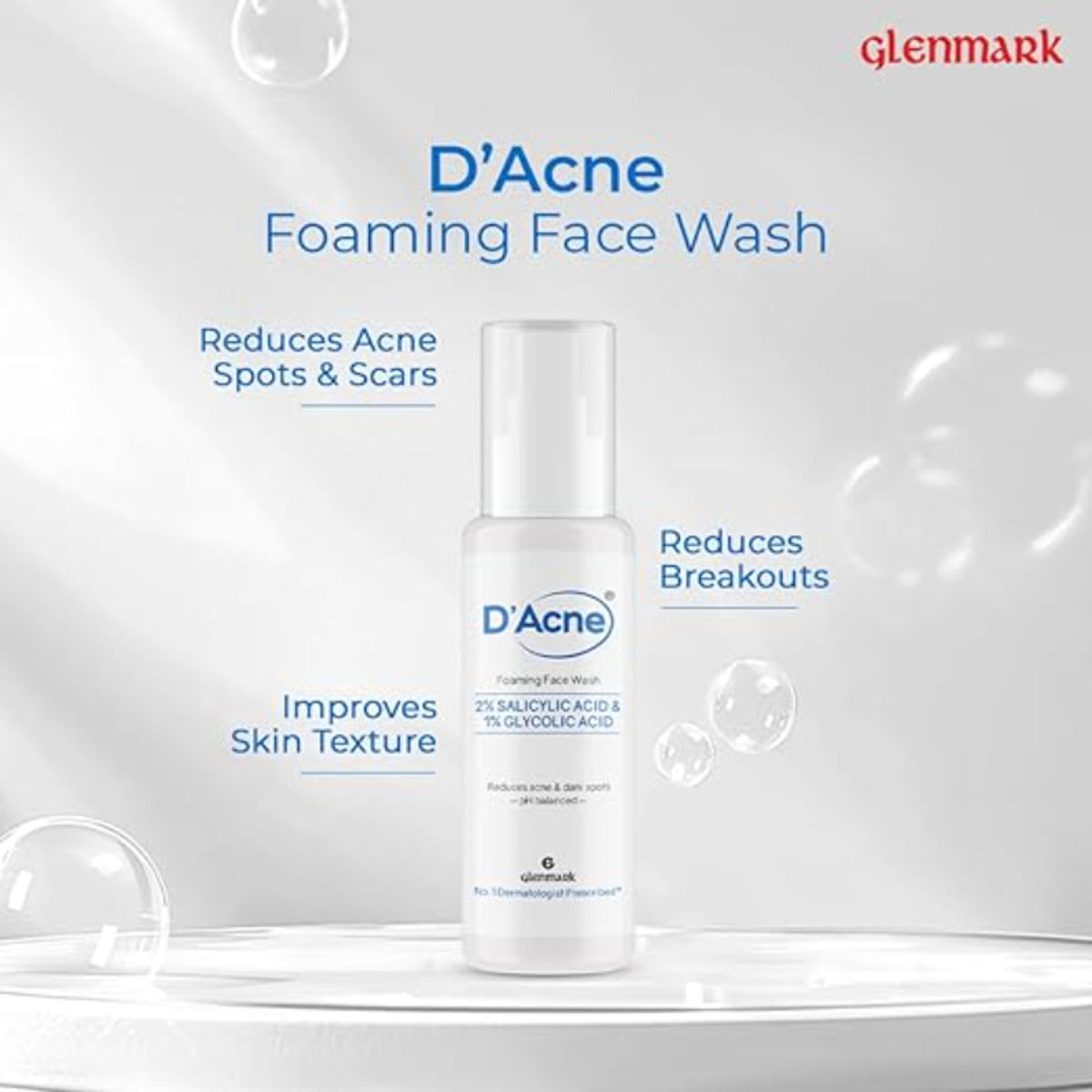 D'Acne Foaming Face Wash with 2% Salicylic Acid and 1% Glycolic Acid, shown in a pump bottle for visible acne reduction.