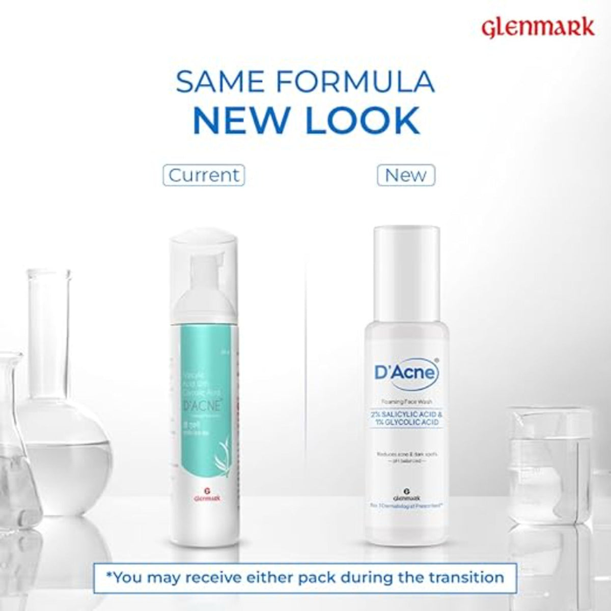 D'Acne Foaming Face Wash with 2% Salicylic Acid and 1% Glycolic Acid, showing foam and clear skin for acne reduction