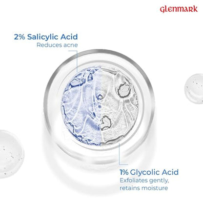 D'Acne Foaming Face Wash with salicylic and glycolic acids, visible acne reduction in 10 days, bottle and foaming pump visible