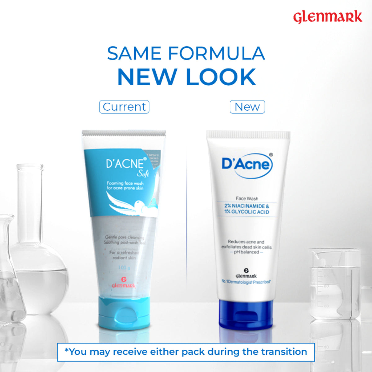 D'Acne Soft Face Wash with 2% Niacinamide and 1% Glycolic Acid for visible acne reduction in 10 days, shown in a skincare bottle.