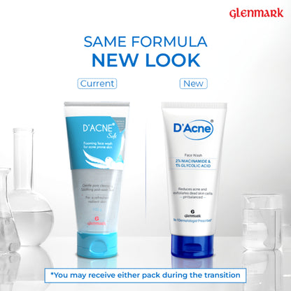 D'Acne Soft Face Wash with 2% Niacinamide and 1% Glycolic Acid for visible acne reduction in 10 days, shown in a skincare bottle.