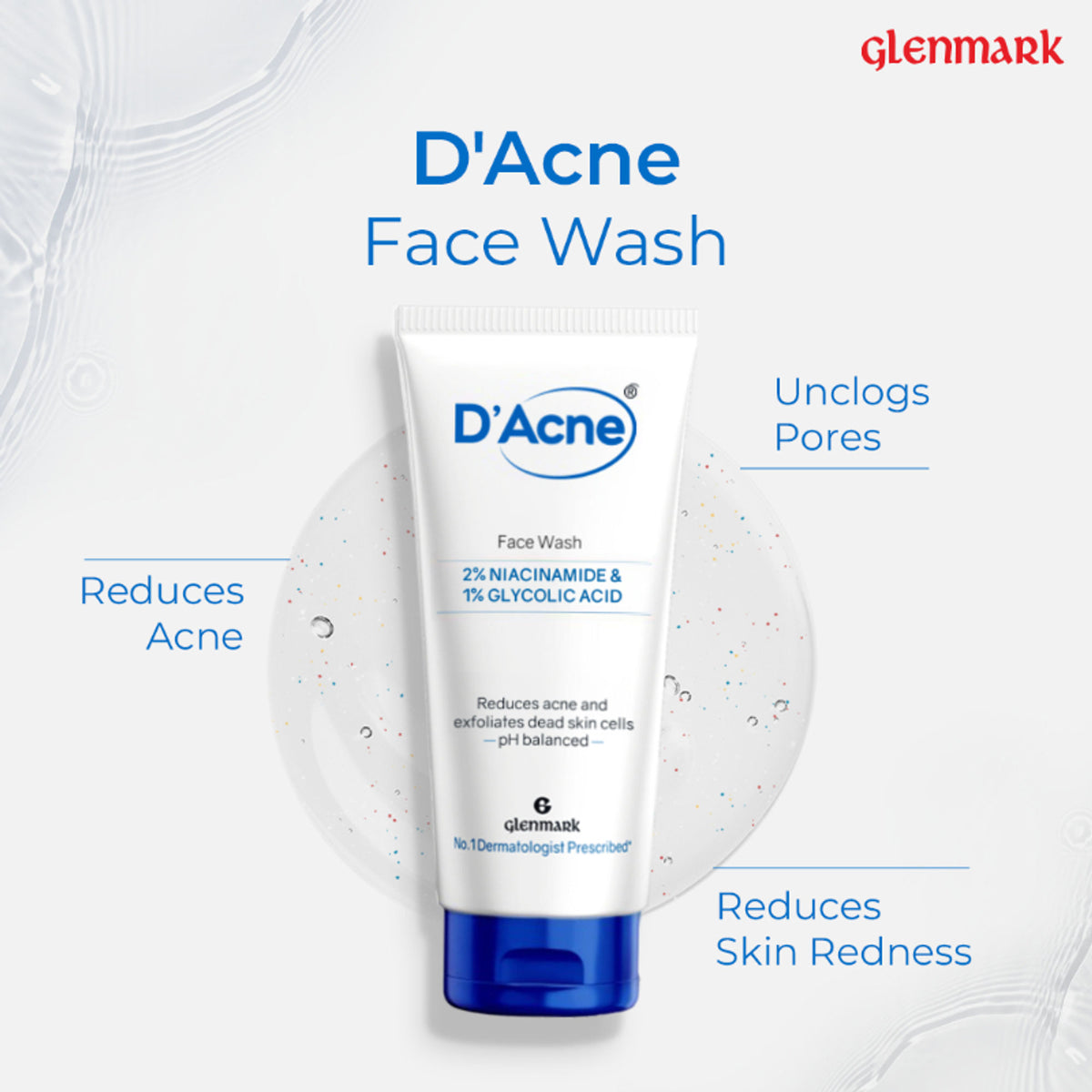 D'Acne Soft Face Wash with 2% Niacinamide and 1% Glycolic Acid for visible acne reduction in 10 days, shown in the image