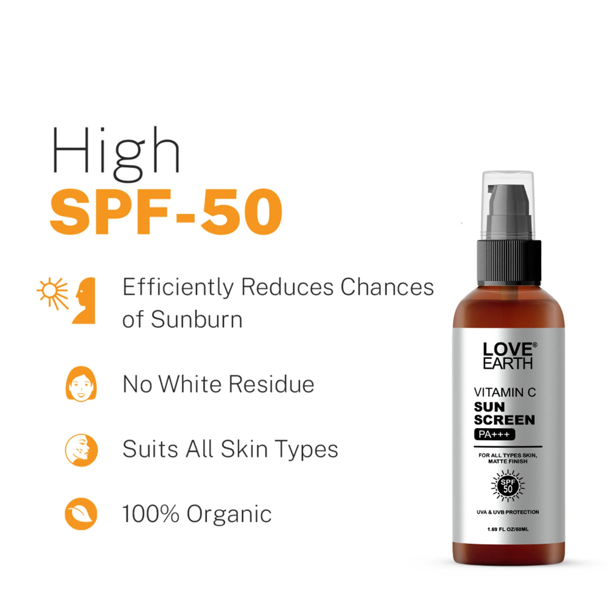 Love Earth Vitamin C Sunscreen SPF-50 for UVAUVB Ray Protection with Vitamin C & Essential Oils