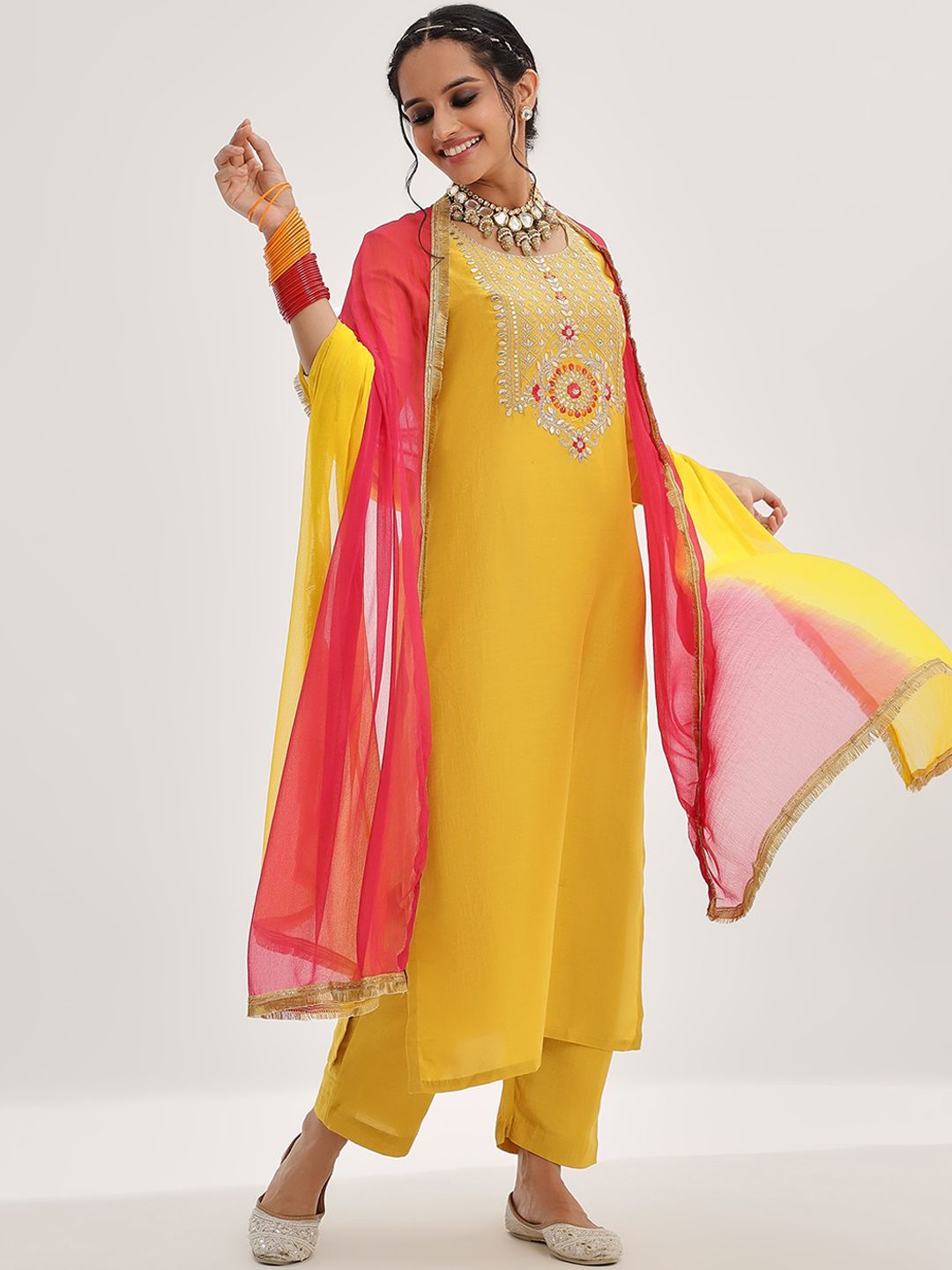 Indyancart VA Women'sYellow Yoke Design Ethnic Motifs Straight Kurta & Trousers With Dupatta