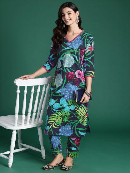 Indyancart IE Women Floral Printed Regular Pure Cotton Kurta with Trousers