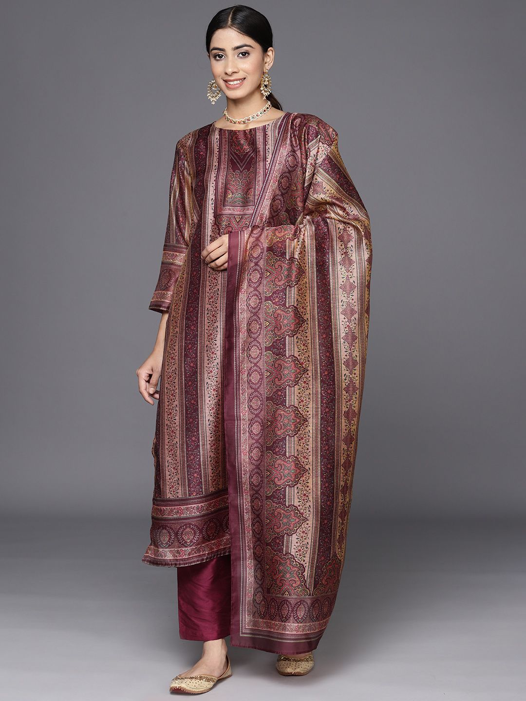 Indyancart VA Women'sEthnic Motifs Printed Chanderi Silk Kurta With Trousers & Dupatta