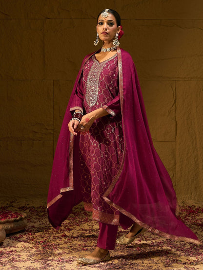 Indyancart IE Floral Embroidered Embellished V-Neck Straight Kurta with Trouser And Dupatta