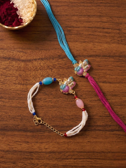Anouk Set Of 2 Artificial Beads Radha Krishna Bhaiya Bhabhi Rakhi With Roli Chawal Chandan