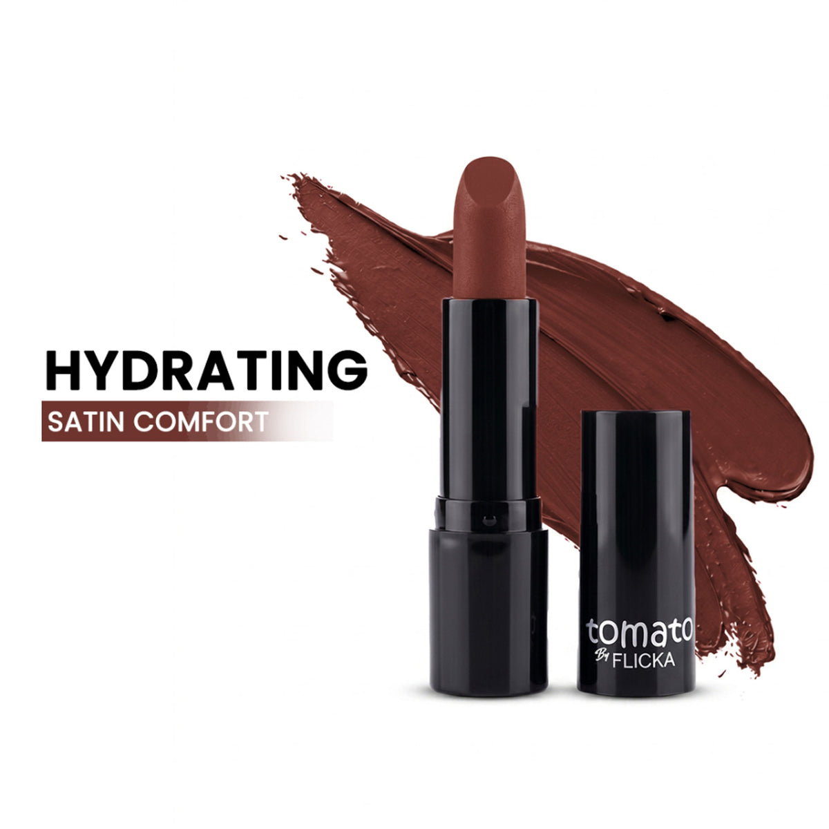 FLiCKA Flicka Tomato Bullet Lipstick Shade 12 with intense pigment, lightweight formula, and rich matte finish, shown in open packaging.