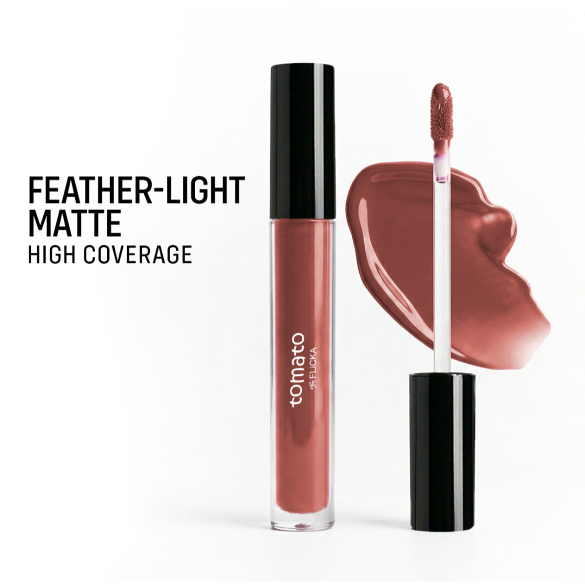 Flicka Tomato Liquid Lipstick in shade 01, rich matte finish, long-lasting, intense pigment, smudge-proof lip color.