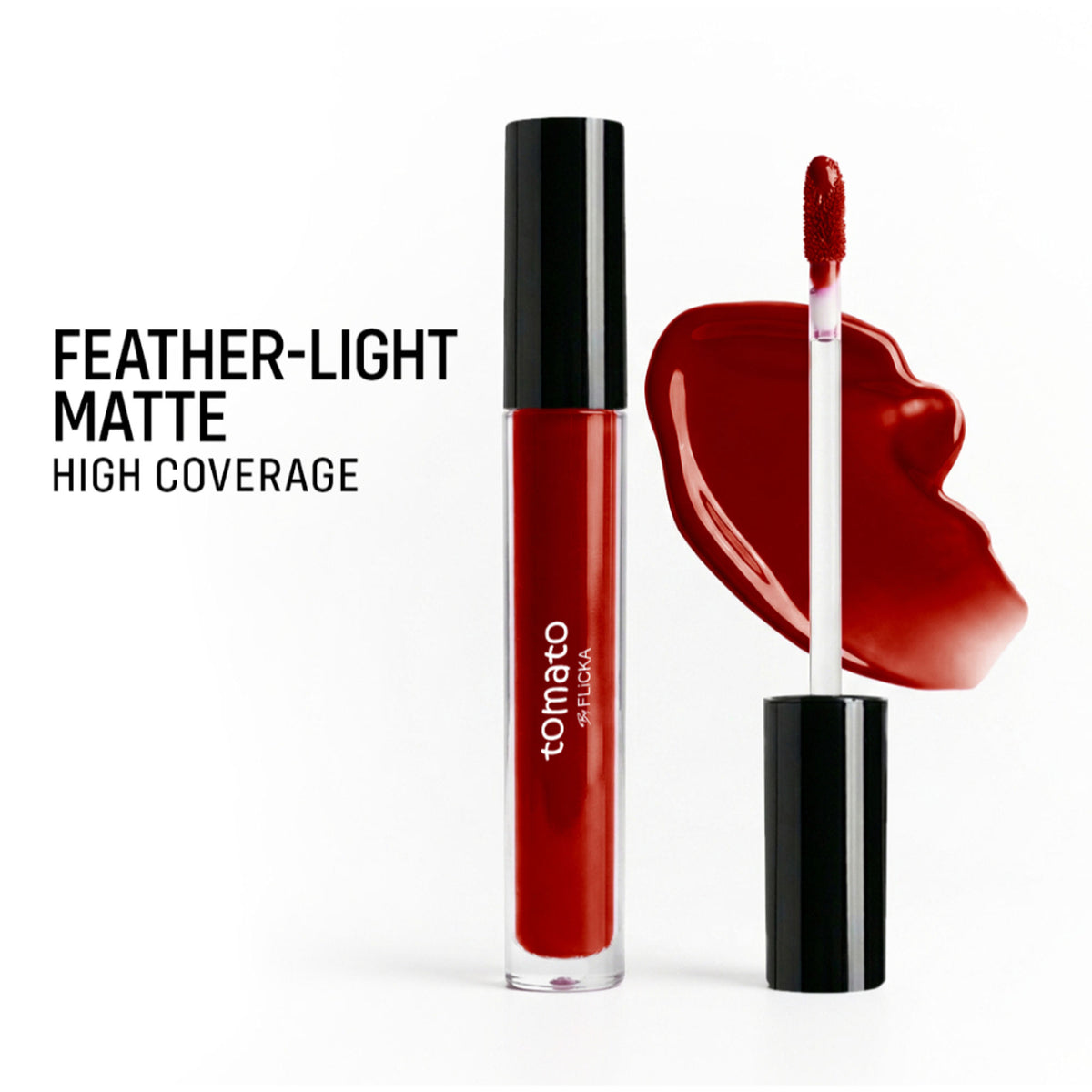 Flicka Tomato Liquid Lipstick in shade 06 with a rich matte finish, long-lasting and intensely pigmented, smudgeproof formula.
