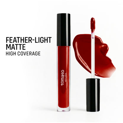 Flicka Tomato Liquid Lipstick in shade 06 with a rich matte finish, long-lasting and intensely pigmented, smudgeproof formula.