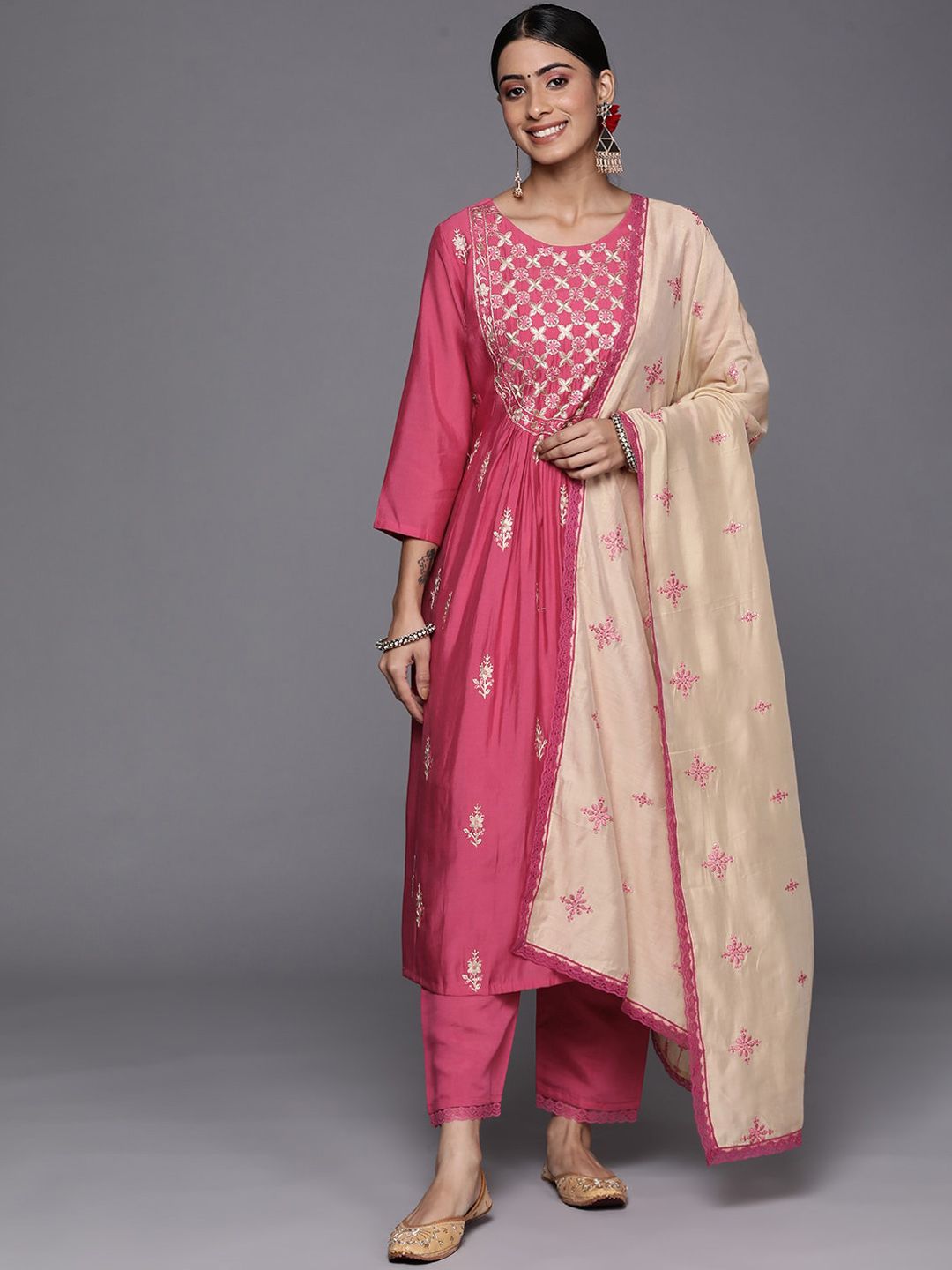 Indyancart VA Women'sEthnic Motifs Embroidered Sequined Kurta with Trousers & Dupatta