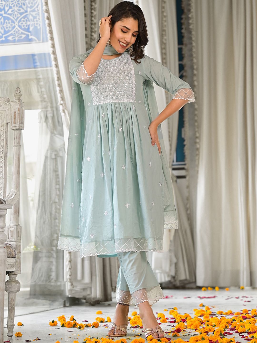 Indyancart VA Women'sEmbroidered Sequinned Pure Cotton Kurta With Trousers & Dupatta