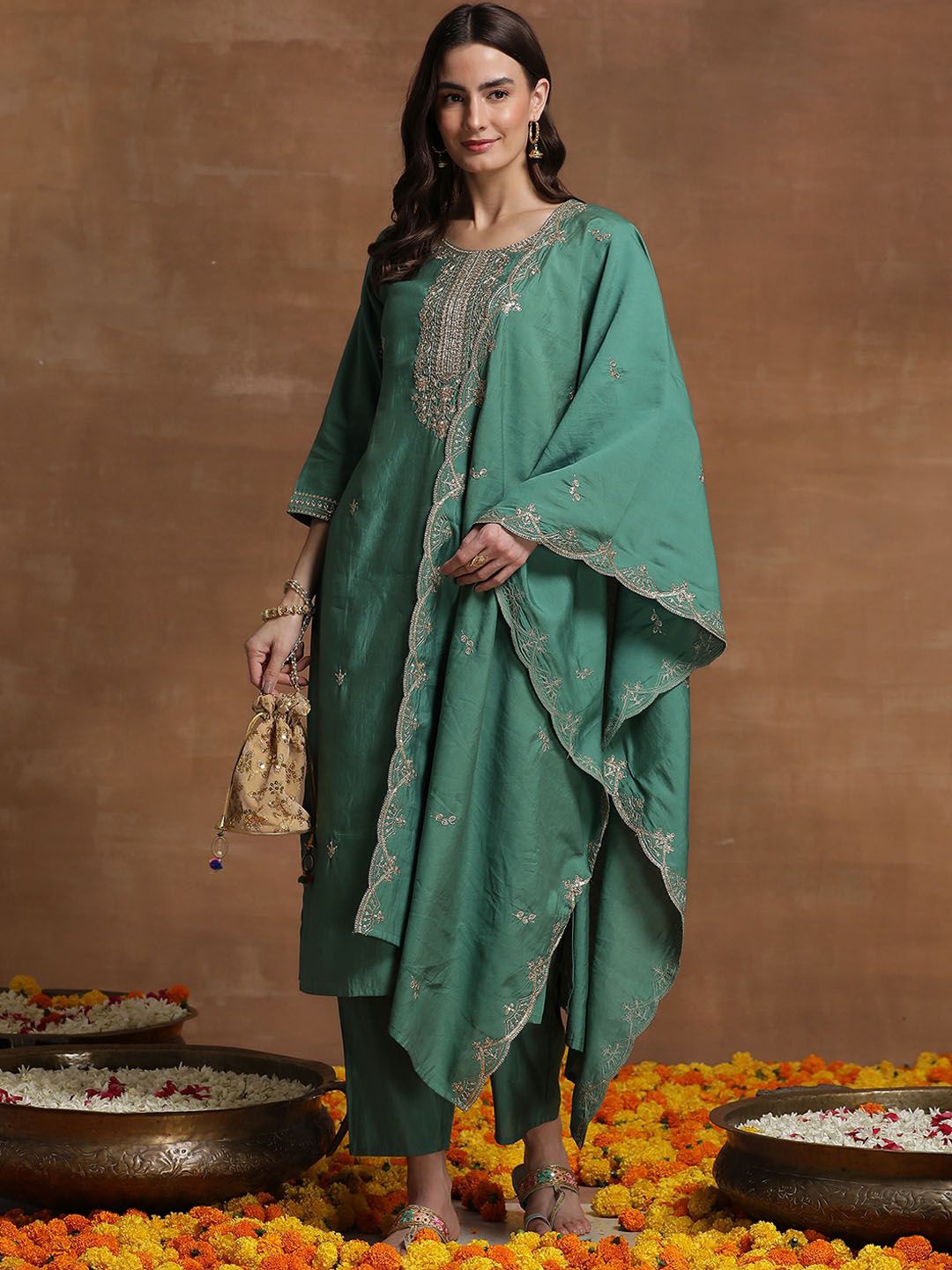 Indyancart IE Green Ethnic Motif Embroidered Straight Kurta & Trousers With Dupatta