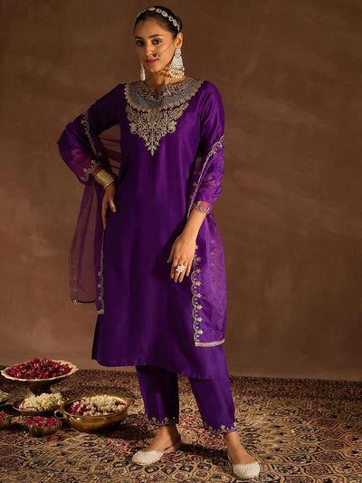 Indyancart IE Ethnic Motifs Embroidered Sequinned Straight Kurta With Trousers & Dupatta