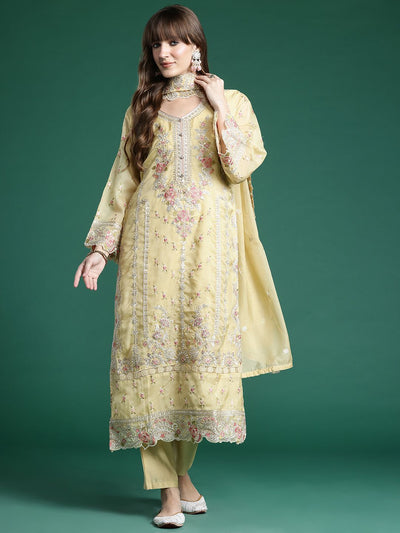 Indyancart IE Ethnic Motifs Embroidered Panelled Sequinned Kurta With Trousers & Dupatta