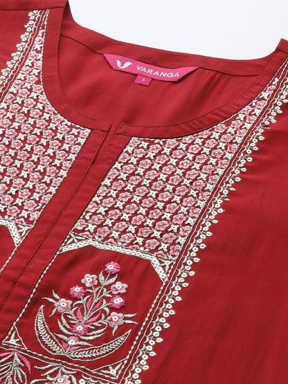 Indyancart VA Women's Red Floral Embroidered Sequinned Kurta with Trousers & With Dupatta