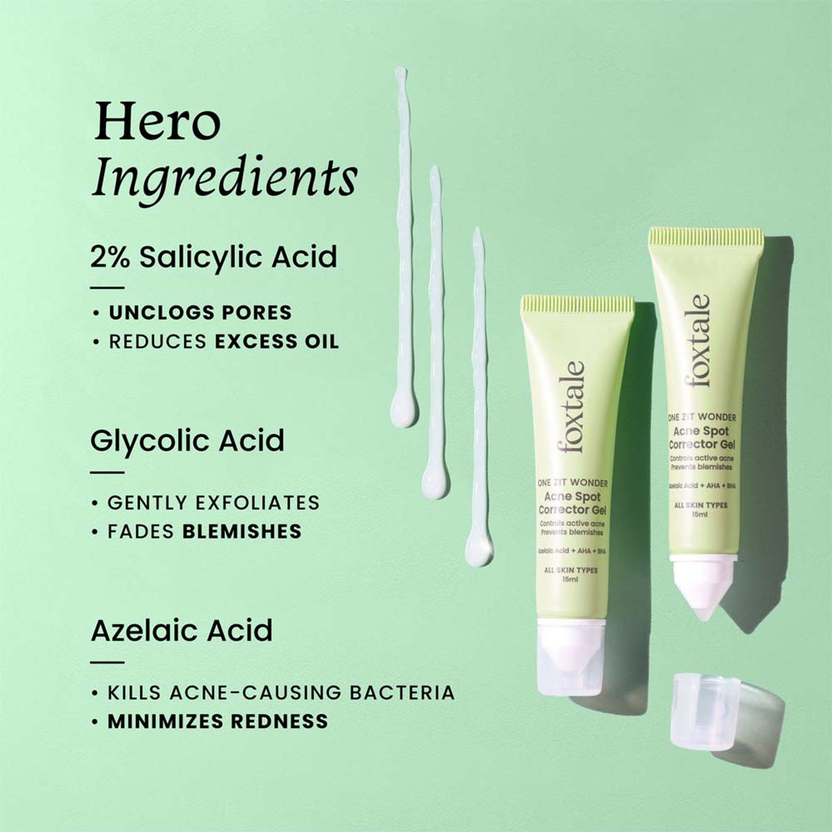 Foxtale Acne Spot Corrector Gel with Azelaic Acid + AHA + BHA for Treating Active Acne in 12 hrs