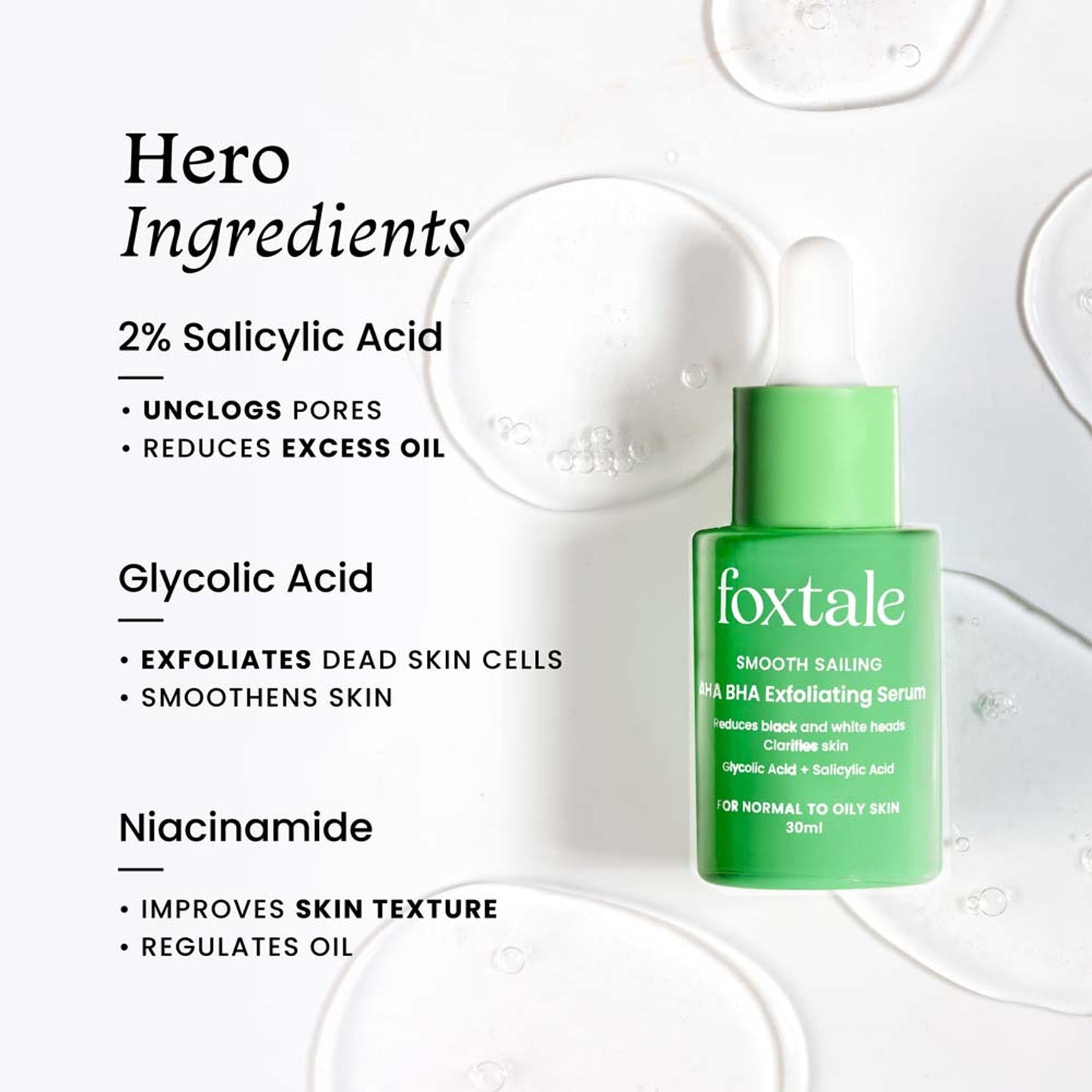 Foxtale AHA BHA Exfoliating Serum Glycolic Acid + Salicylic Acid Niacinamide for Acne & Blackheads Normal To Oily Skin