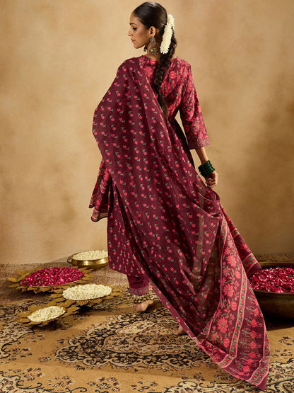 Indyancart IE Floral Printed Empire Pure Cotton A-Line Kurta with Trousers & Dupatta