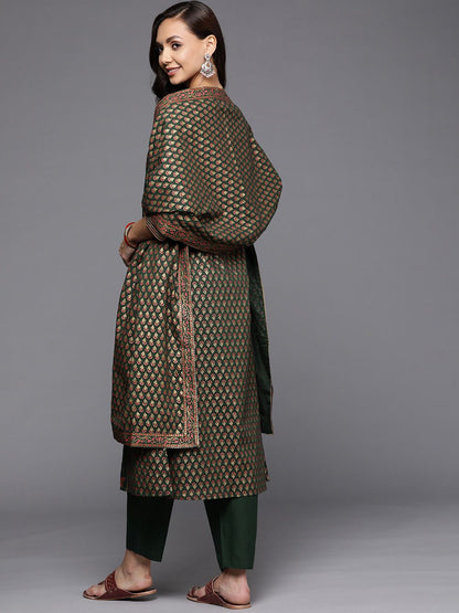 Dhiyona IE Women Green Ethnic Motifs Printed Kurta with Trousers & With Dupatta