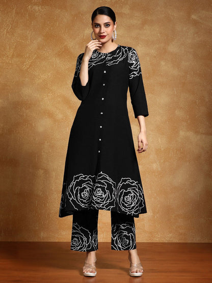 Dhiyona VA Women'sFloral Printed Mandarin Collar A-Line Pure Cotton Kurta With Trousers