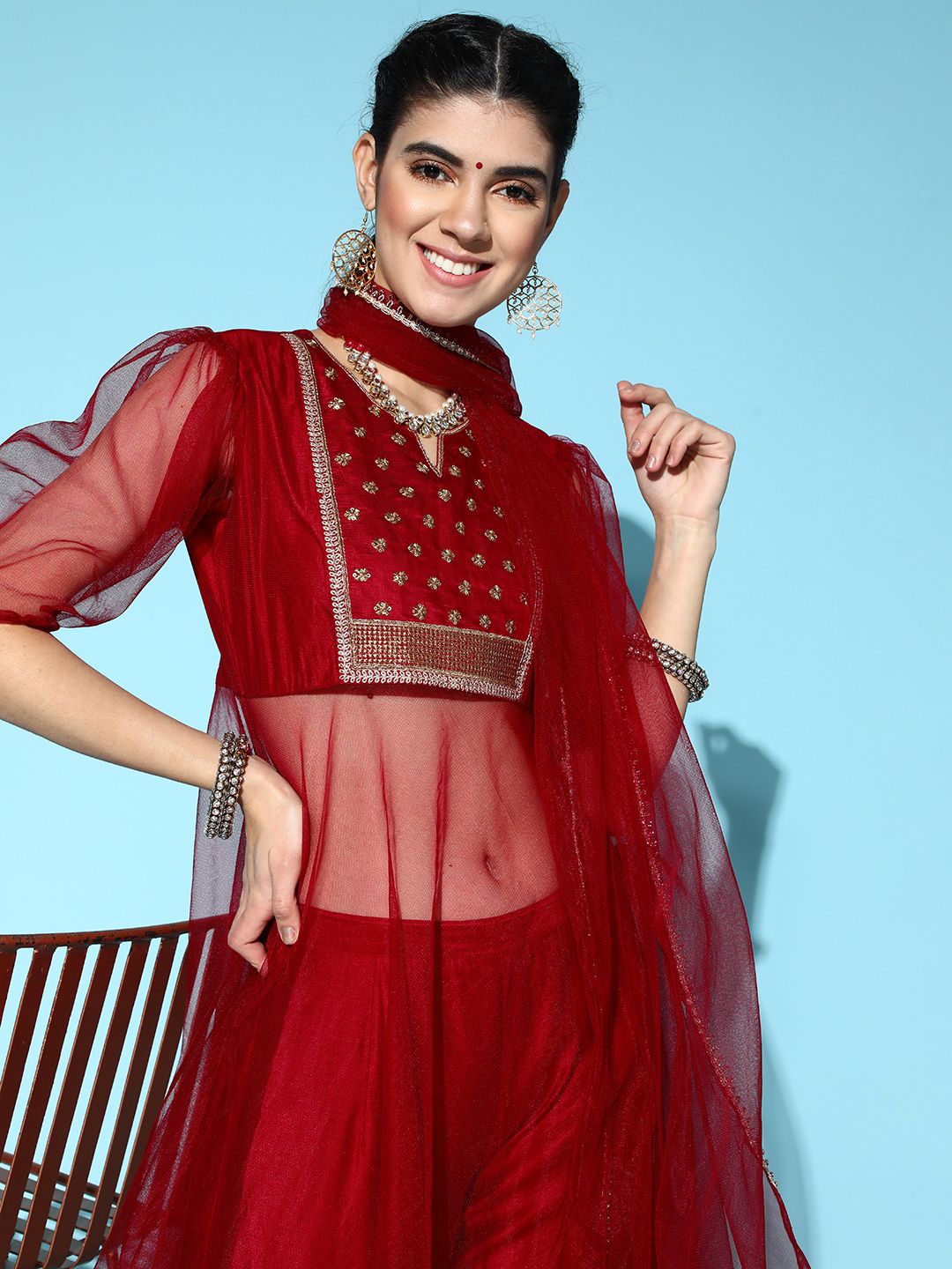 Indyancart IE Red Liva Sheer Kurta Set