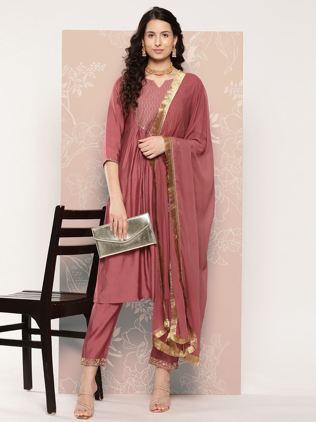 Indyancart VA Women's Embroidered Empire Kurta with Trousers & With Dupatta
