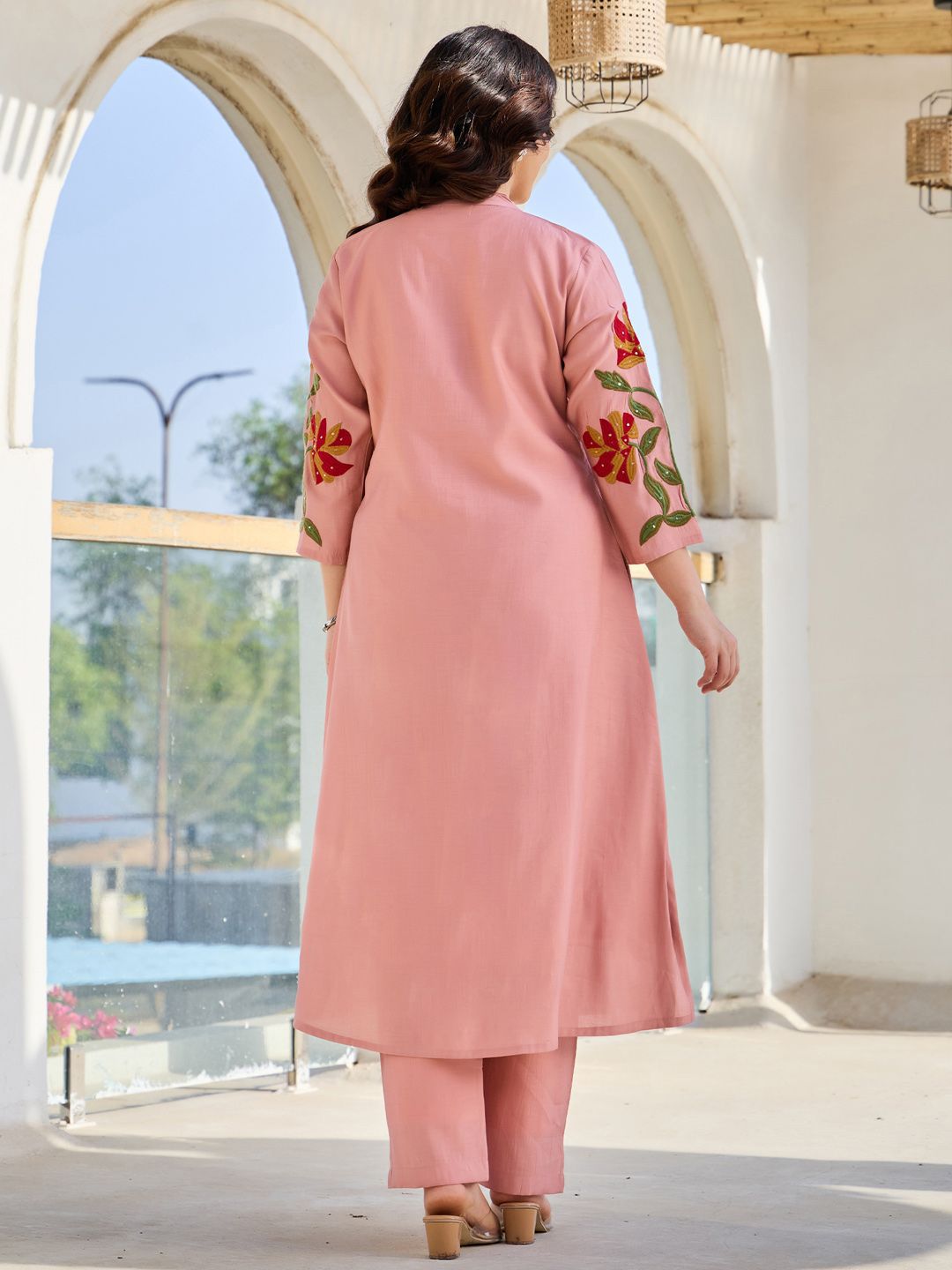 Women Floral Embroidered Thread Work Pure Cotton A-Line Kurta with Trousers