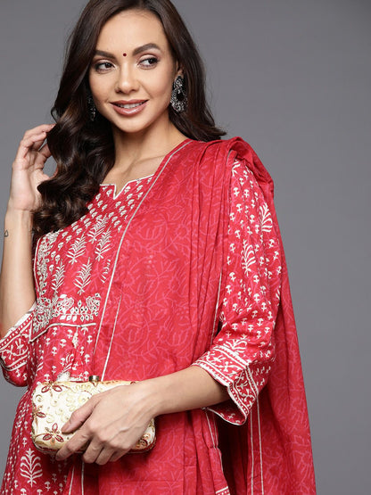 Indyancart IE Women Coral Ethnic Motifs Printed Gotta Patti Kurta with Palazzos & With Dupatta