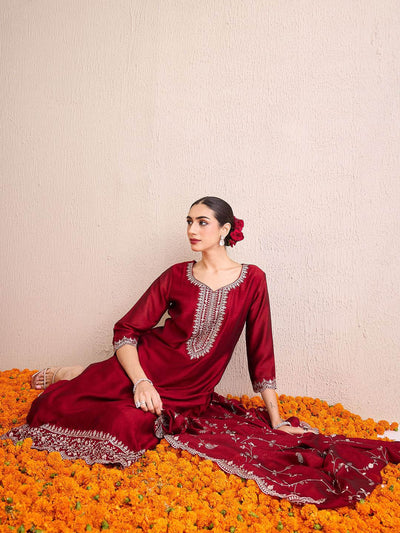 Dhiyona IE Women Ethnic Motifs Yoke Design Regular Sequinned Kurta with Trousers & With Dupatta