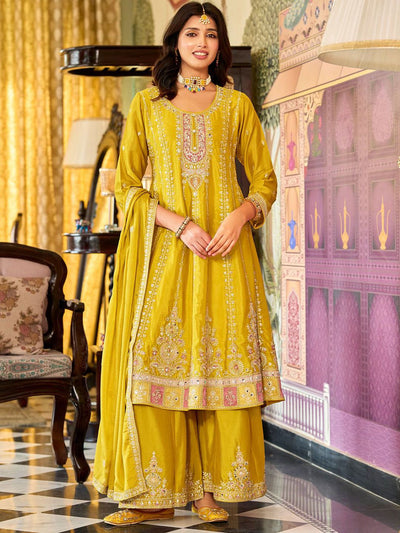 Indyancart IE Floral Embroidered Mirror Work Round Neck Anarkali Kurta With Palazzos & Dupatta