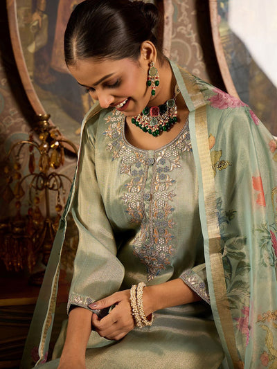 Indyancart IE Ethnic Motifs Embroidered Zari Liva Kurta With Trousers & Dupatta