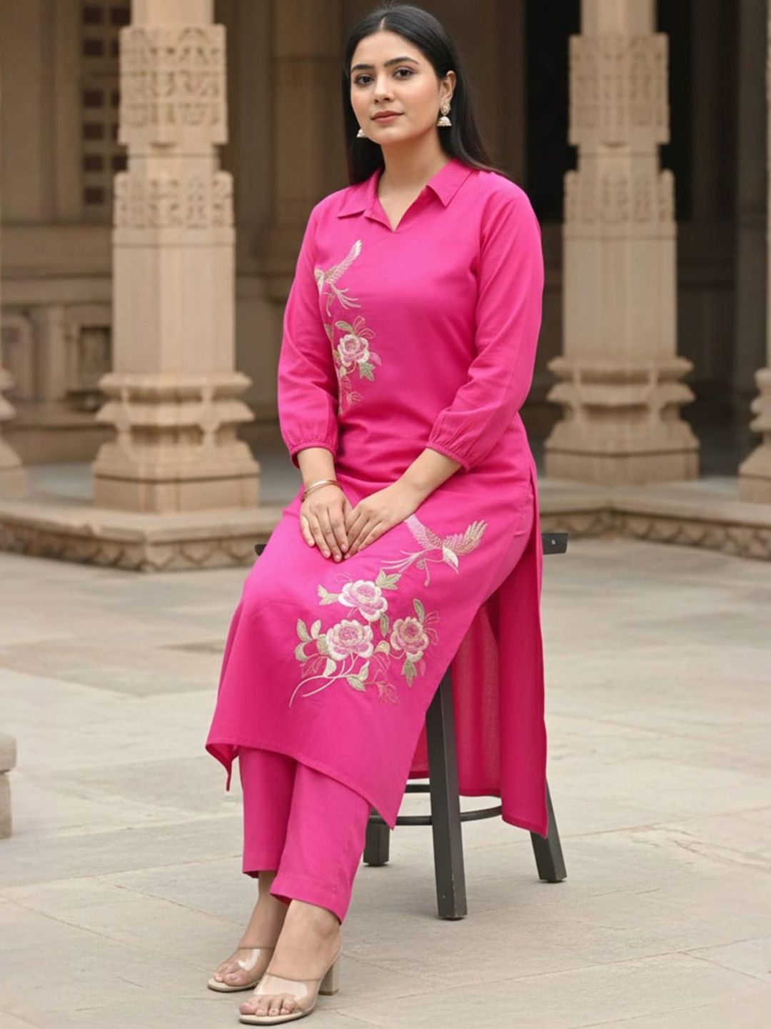 Women Floral Embroidered Regular Thread Work Pure Cotton Kurta with Trousers