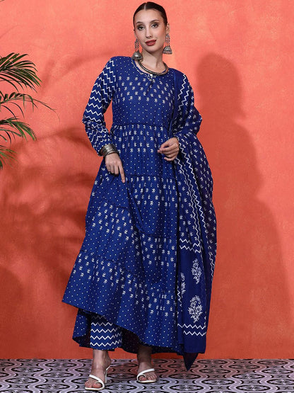 Indyancart SN Women's Floral Printed Pure Cotton A-Line Kurta & Trousers With Dupatta