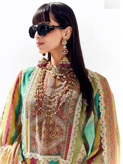 Indyancart IE Women Ethnic Motifs Printed Regular Thread Work Kurta Trousers With Dupatta