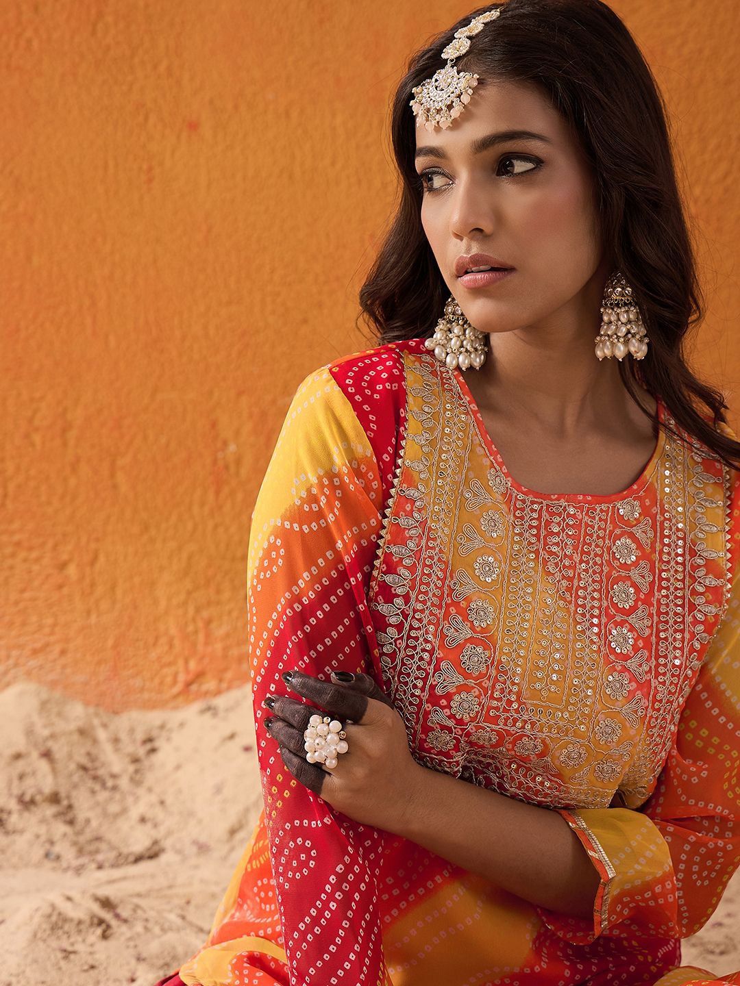 Indyancart IE Red Bandhani Printed Thread Work Georgette Straight Kurta