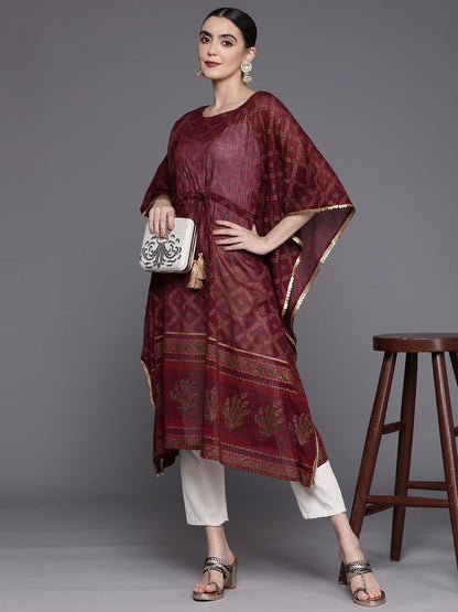 Indyancart IE Women Ethnic Motifs Printed Belted Detail Kaftan Kurta