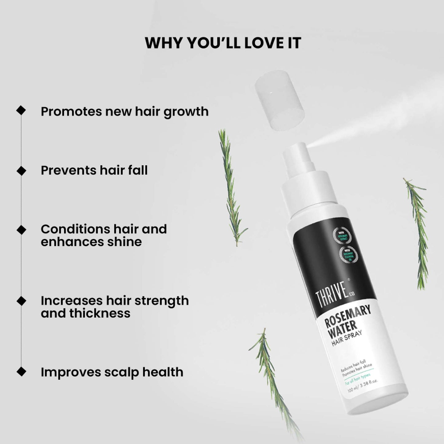 Thriveco 100% Natural Rosemary Water Hair Spray With Rice Water & Hyaluronic Acid For Frizz Control